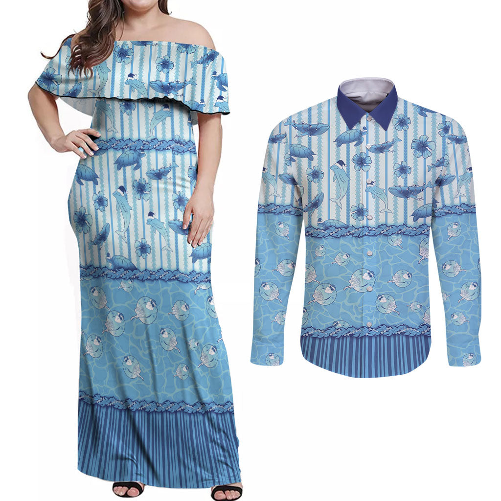 Hawaii Christmas In July Couples Matching Off Shoulder Maxi Dress and Long Sleeve Button Shirt Sky Blue Mele Kalikimaka Sea Animals DT05 Blue - Polynesian Pride
