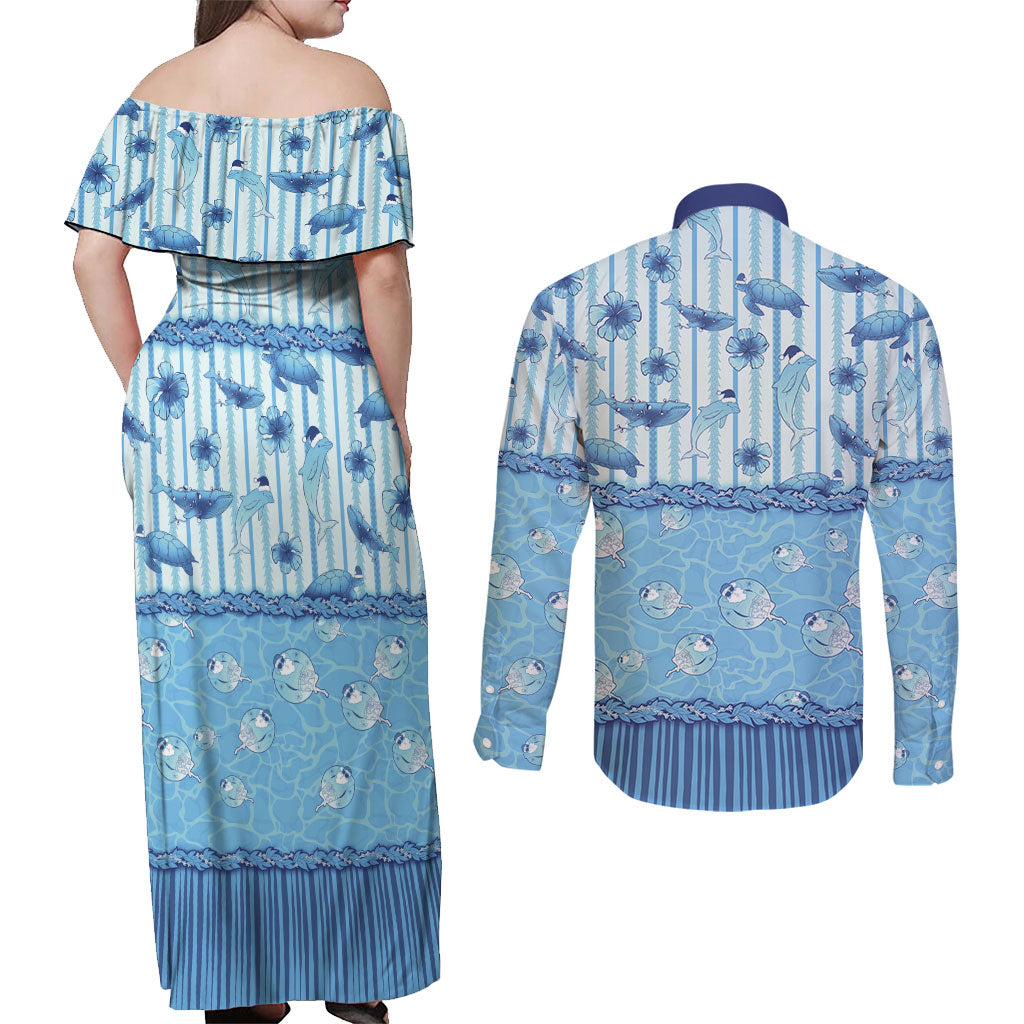 Hawaii Christmas In July Couples Matching Off Shoulder Maxi Dress and Long Sleeve Button Shirt Sky Blue Mele Kalikimaka Sea Animals