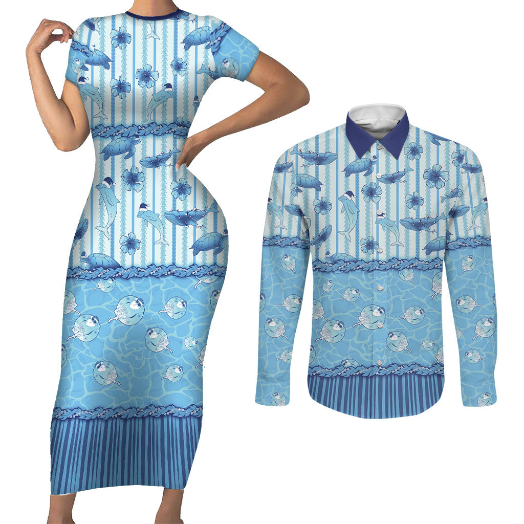 Hawaii Christmas In July Couples Matching Short Sleeve Bodycon Dress and Long Sleeve Button Shirt Sky Blue Mele Kalikimaka Sea Animals DT05 Blue - Polynesian Pride