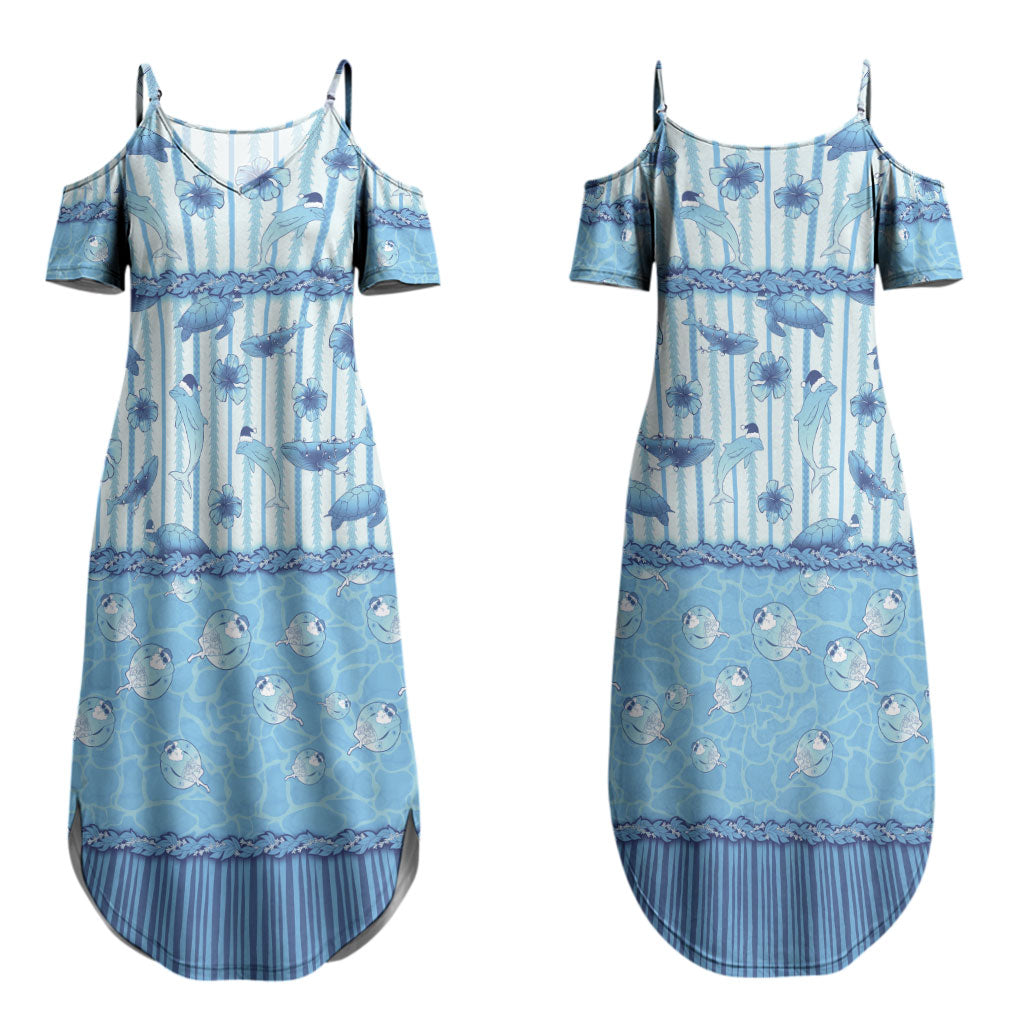 Hawaii Christmas In July Couples Matching Summer Maxi Dress and Long Sleeve Button Shirt Sky Blue Mele Kalikimaka Sea Animals DT05 - Polynesian Pride
