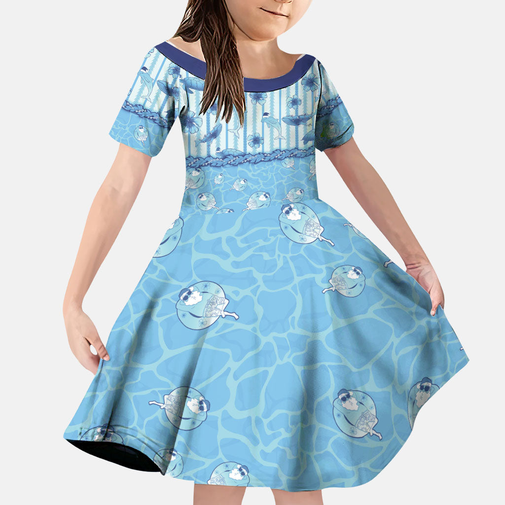 Hawaii Christmas In July Family Matching Long Sleeve Bodycon Dress and Hawaiian Shirt Sky Blue Mele Kalikimaka Sea Animals DT05 Daughter's Dress Blue - Polynesian Pride