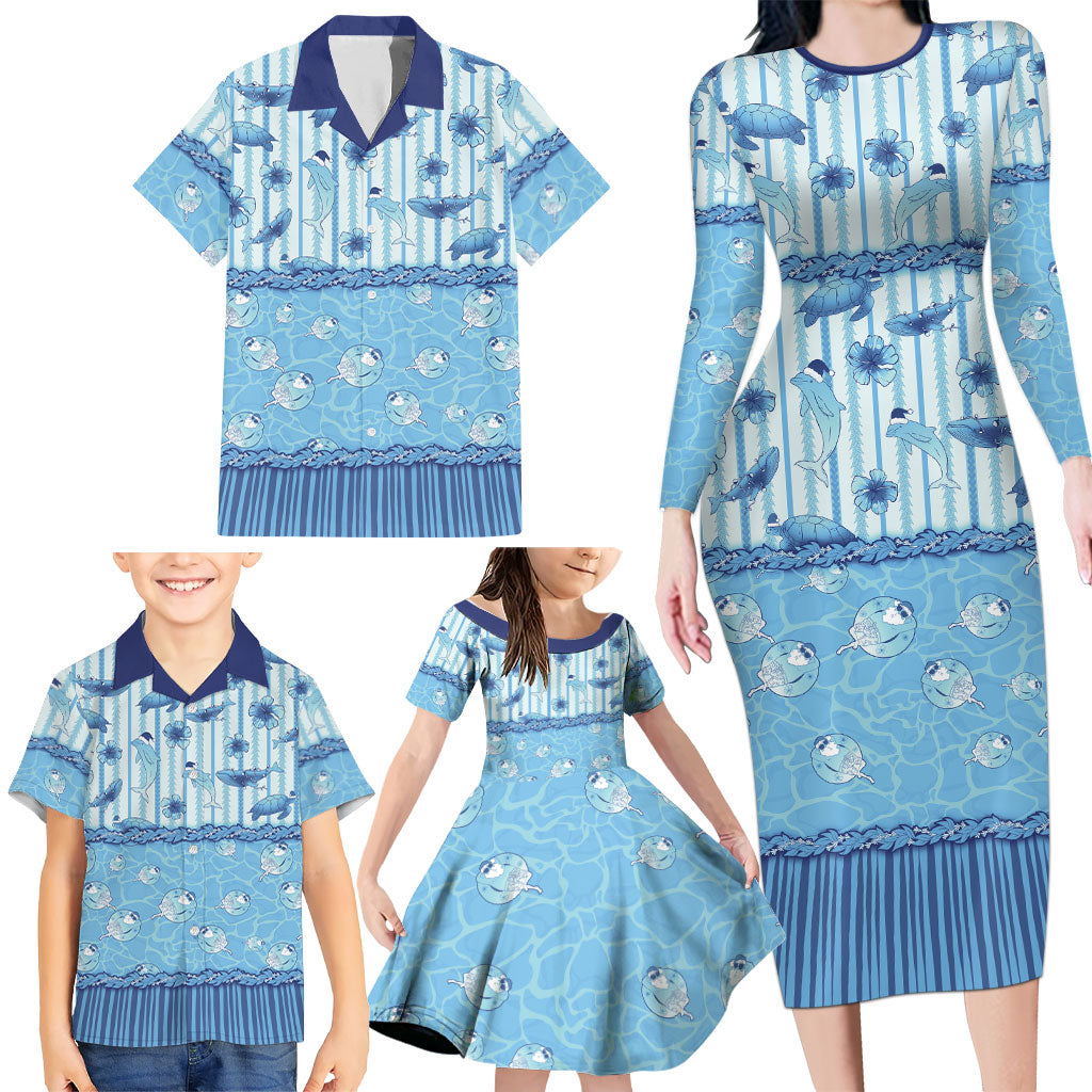 Hawaii Christmas In July Family Matching Long Sleeve Bodycon Dress and Hawaiian Shirt Sky Blue Mele Kalikimaka Sea Animals DT05 - Polynesian Pride