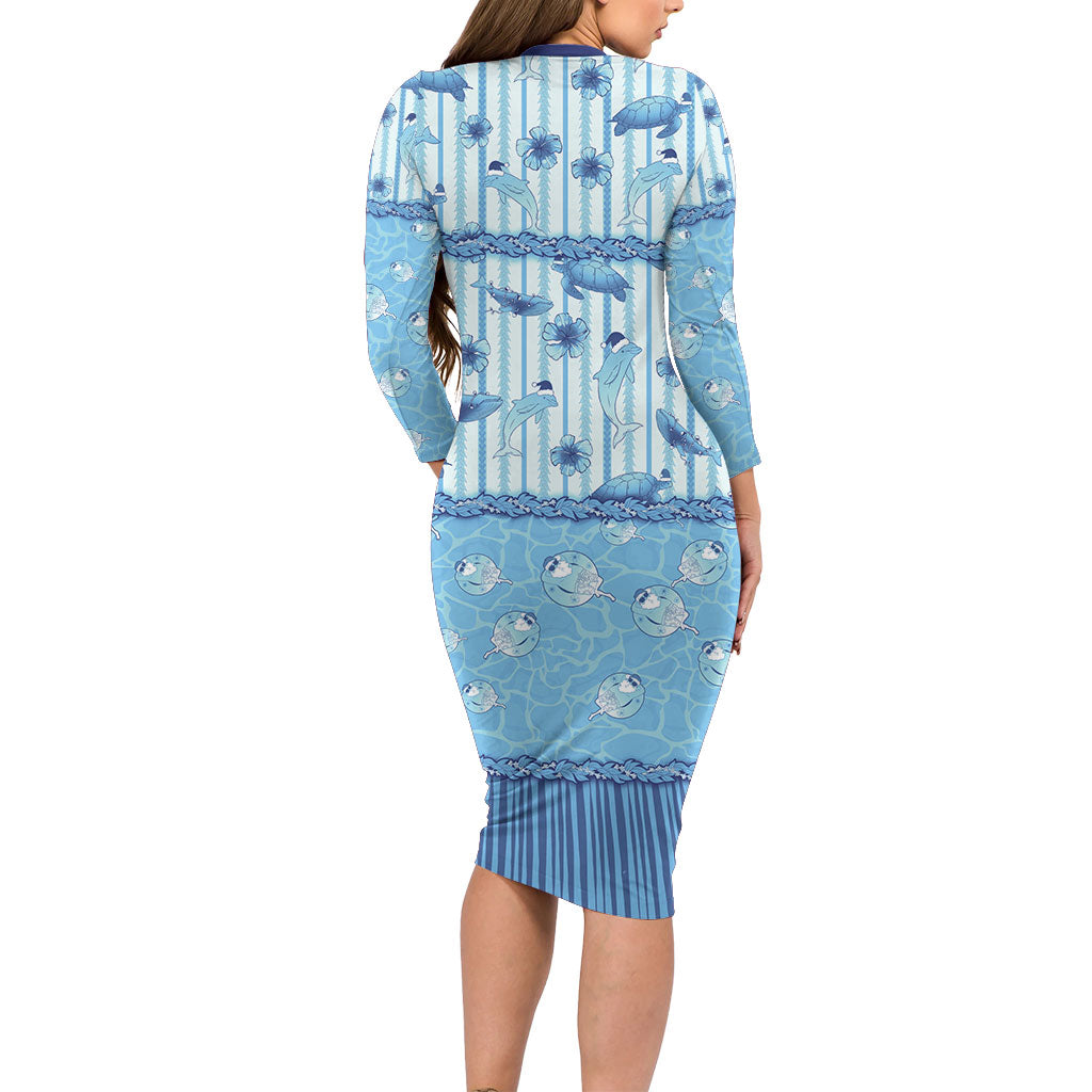 Hawaii Christmas In July Family Matching Long Sleeve Bodycon Dress and Hawaiian Shirt Sky Blue Mele Kalikimaka Sea Animals DT05 - Polynesian Pride