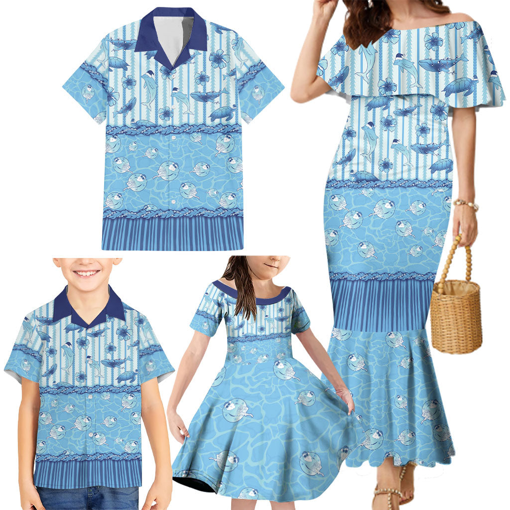 Hawaii Christmas In July Family Matching Mermaid Dress and Hawaiian Shirt Sky Blue Mele Kalikimaka Sea Animals DT05 - Polynesian Pride