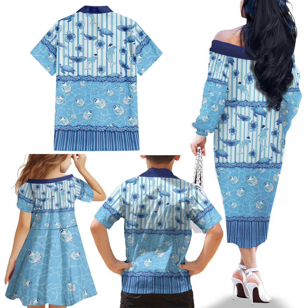 Hawaii Christmas In July Family Matching Off The Shoulder Long Sleeve Dress and Hawaiian Shirt Sky Blue Mele Kalikimaka Sea Animals DT05 - Polynesian Pride