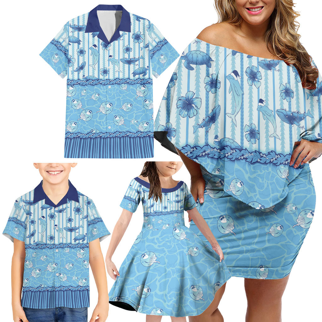 Hawaii Christmas In July Family Matching Off Shoulder Short Dress and Hawaiian Shirt Sky Blue Mele Kalikimaka Sea Animals DT05 - Polynesian Pride