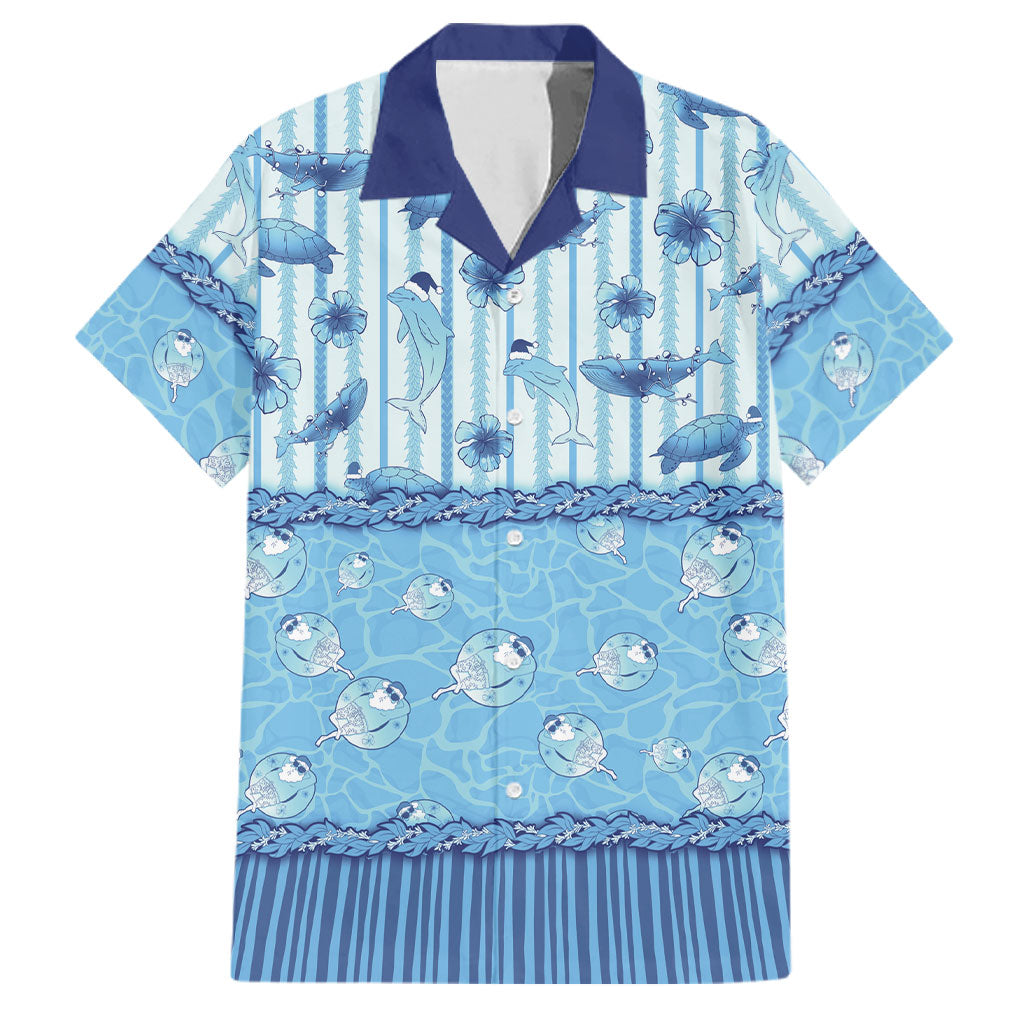 Hawaii Christmas In July Family Matching Off Shoulder Short Dress and Hawaiian Shirt Sky Blue Mele Kalikimaka Sea Animals DT05 Dad's Shirt - Short Sleeve Blue - Polynesian Pride