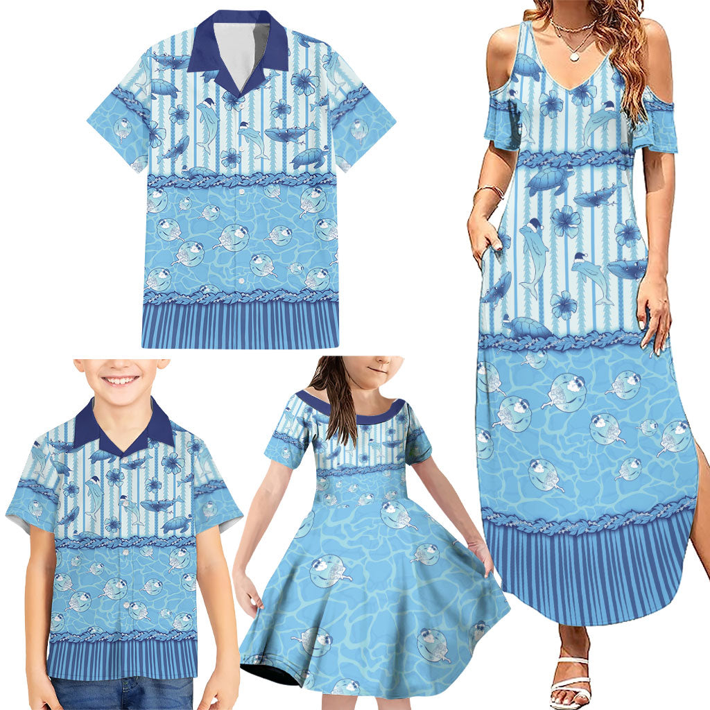 Hawaii Christmas In July Family Matching Summer Maxi Dress and Hawaiian Shirt Sky Blue Mele Kalikimaka Sea Animals DT05 - Polynesian Pride