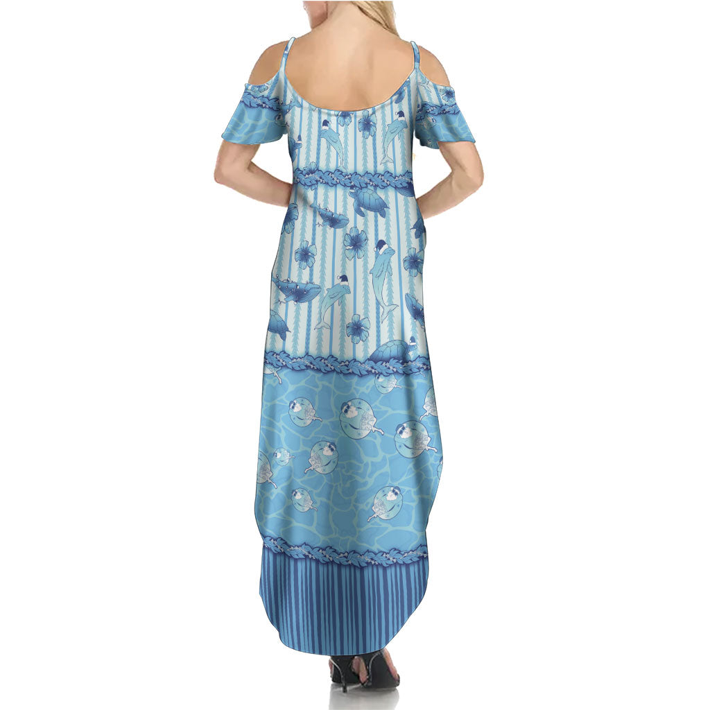 Hawaii Christmas In July Family Matching Summer Maxi Dress and Hawaiian Shirt Sky Blue Mele Kalikimaka Sea Animals DT05 - Polynesian Pride