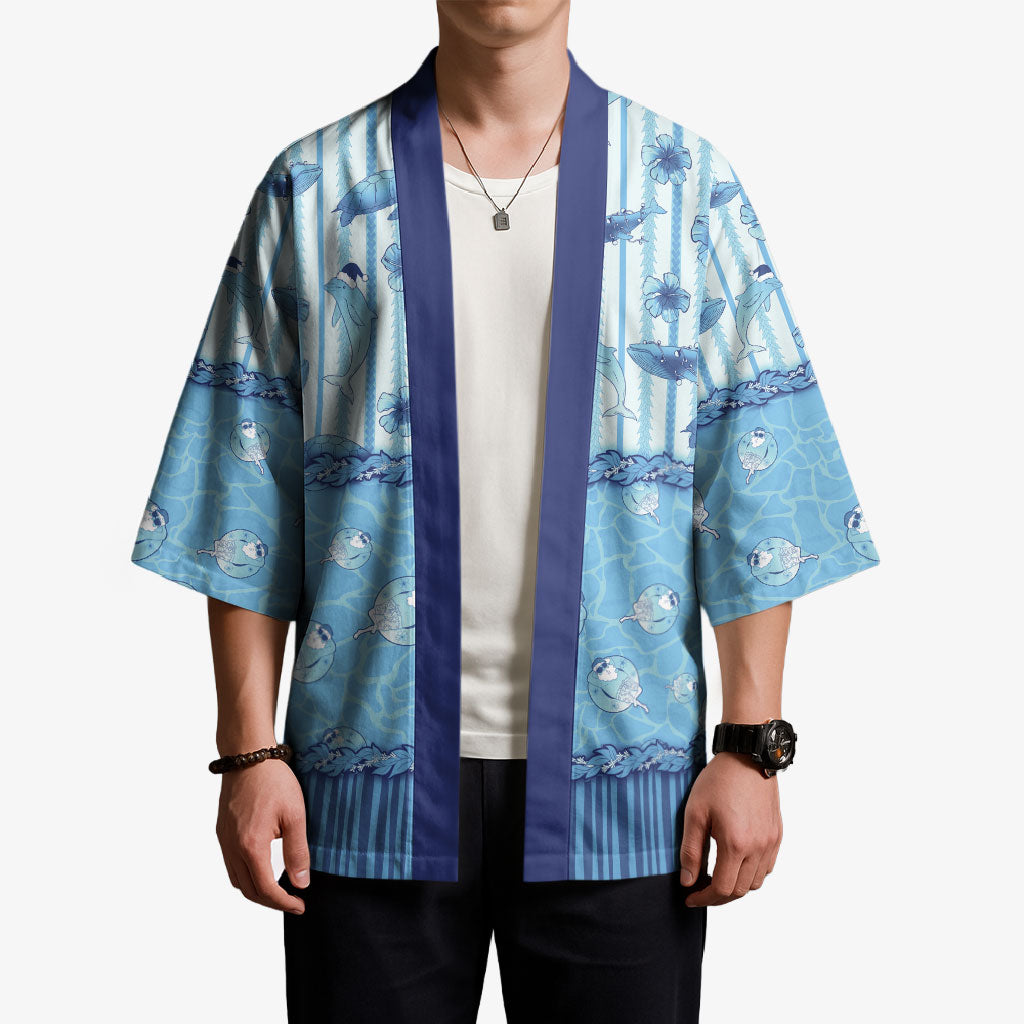 Hawaii Christmas In July Kimono Sky Blue Mele Kalikimaka Sea Animals DT05 - Polynesian Pride