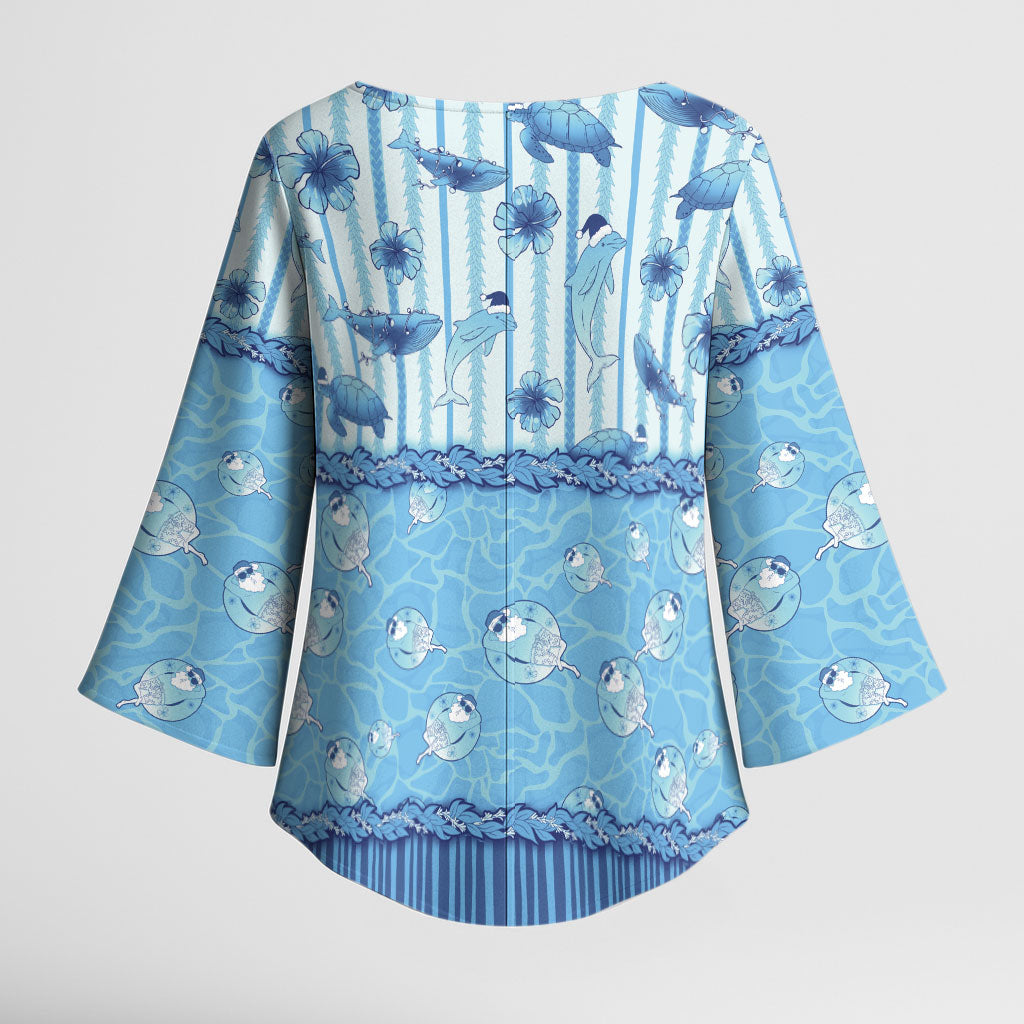 Hawaii Christmas In July Kimono Sleeve Blouse Sky Blue Mele Kalikimaka Sea Animals