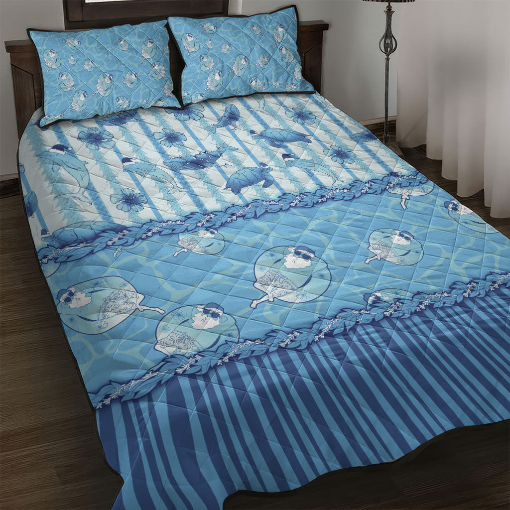 Hawaii Christmas In July Quilt Bed Set Sky Blue Mele Kalikimaka Sea Animals