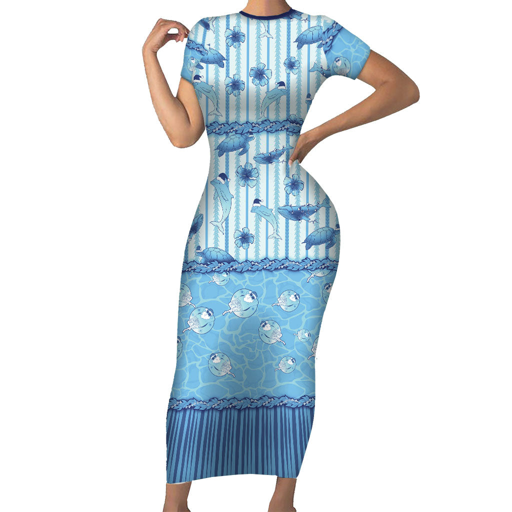 Hawaii Christmas In July Short Sleeve Bodycon Dress Sky Blue Mele Kalikimaka Sea Animals