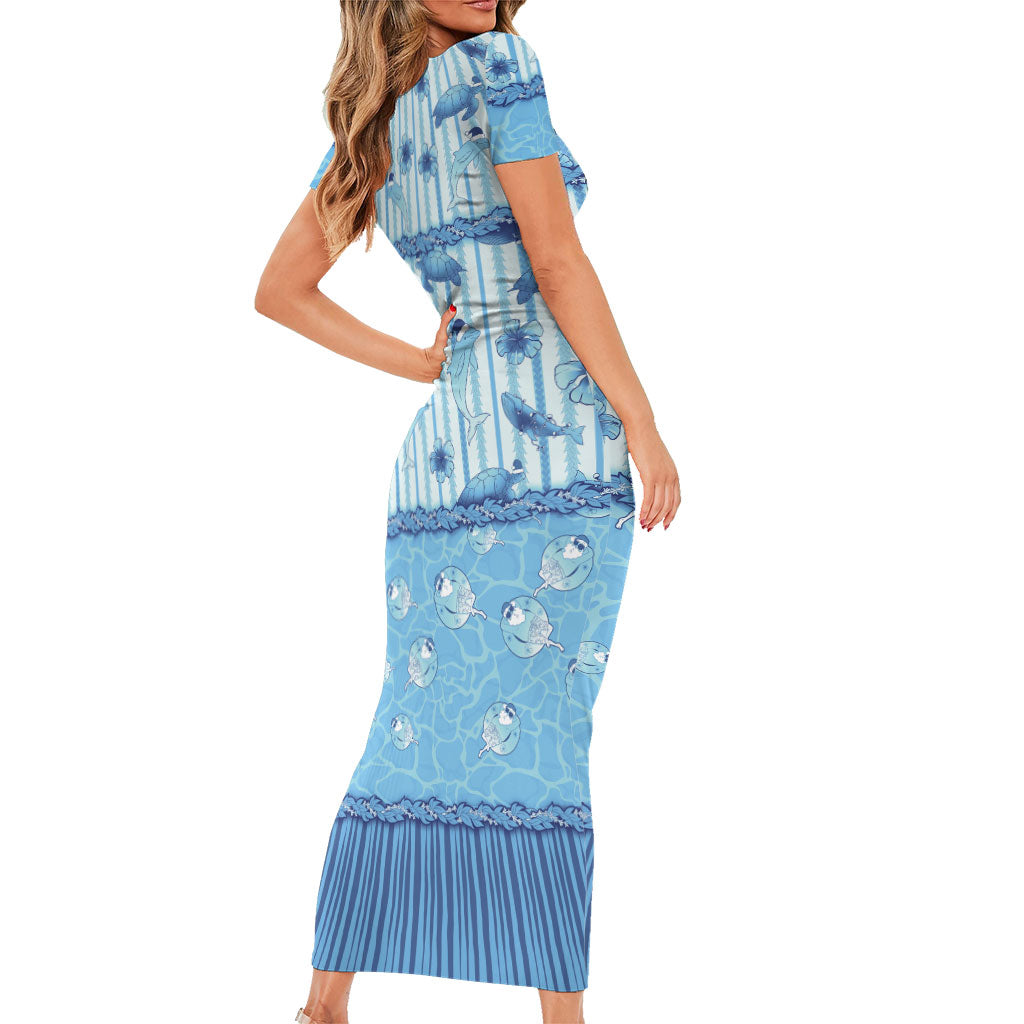 Hawaii Christmas In July Short Sleeve Bodycon Dress Sky Blue Mele Kalikimaka Sea Animals DT05 - Polynesian Pride