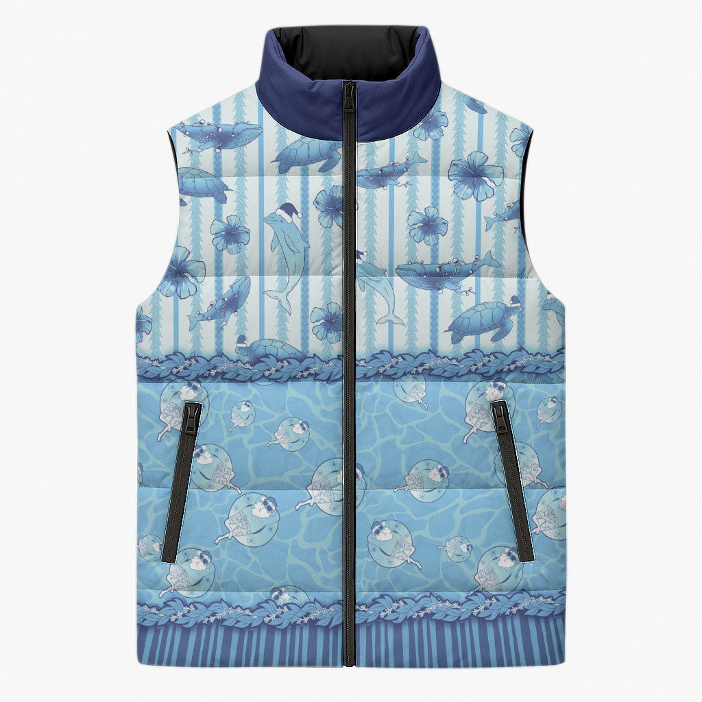 Hawaii Christmas In July Sleeveless Puffer Jacket Sky Blue Mele Kalikimaka Sea Animals DT05 Unisex Blue - Polynesian Pride
