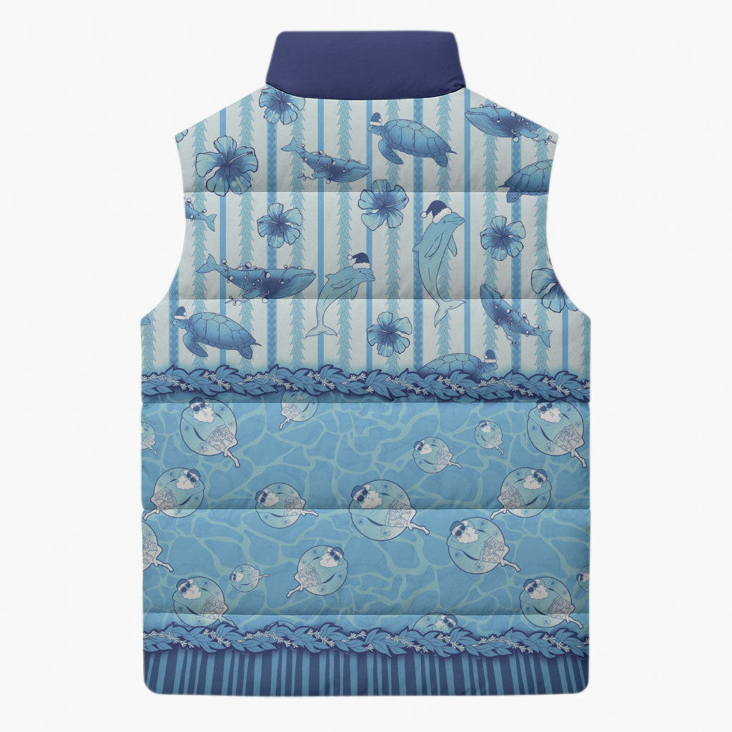 Hawaii Christmas In July Sleeveless Puffer Jacket Sky Blue Mele Kalikimaka Sea Animals DT05 - Polynesian Pride