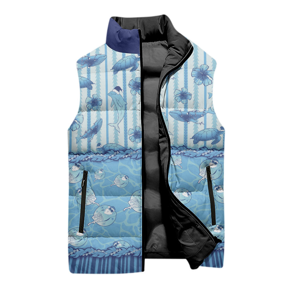 Hawaii Christmas In July Sleeveless Puffer Jacket Sky Blue Mele Kalikimaka Sea Animals DT05 - Polynesian Pride