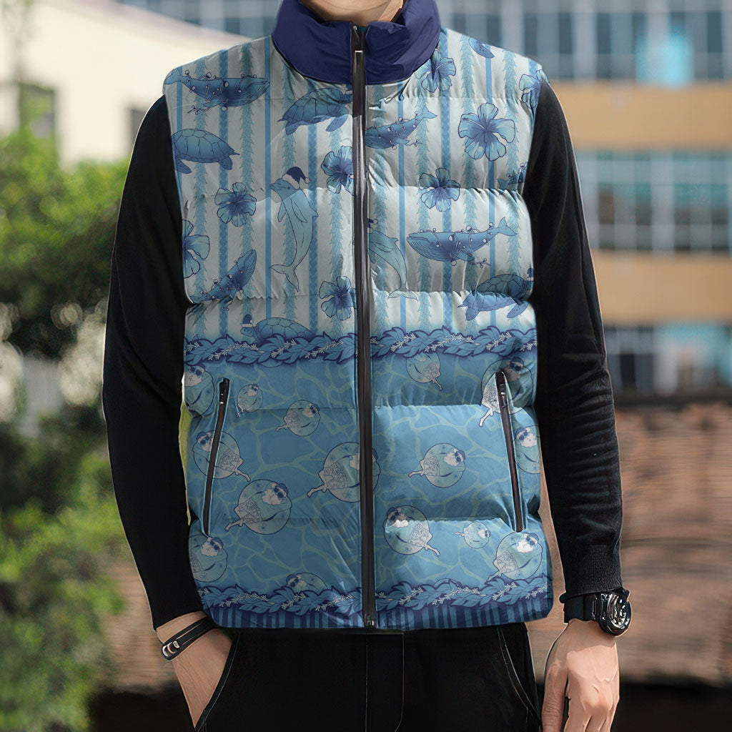 Hawaii Christmas In July Sleeveless Puffer Jacket Sky Blue Mele Kalikimaka Sea Animals DT05 - Polynesian Pride