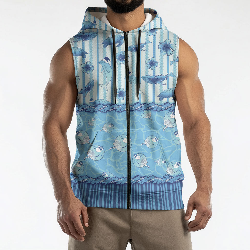 Hawaii Christmas In July Sleeveless Zip Hoodie Sky Blue Mele Kalikimaka Sea Animals