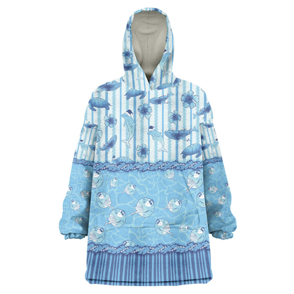 Hawaii Christmas In July Wearable Blanket Hoodie Sky Blue Mele Kalikimaka Sea Animals