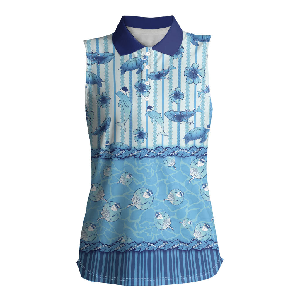 Hawaii Christmas In July Women Sleeveless Polo Shirt Sky Blue Mele Kalikimaka Sea Animals DT05 Female Blue - Polynesian Pride