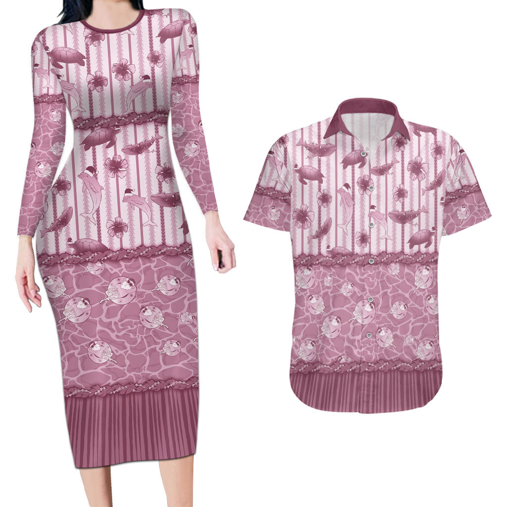 Hawaii Christmas In July Couples Matching Long Sleeve Bodycon Dress and Hawaiian Shirt Dusty Pink Mele Kalikimaka Sea Animals DT05 Pink - Polynesian Pride