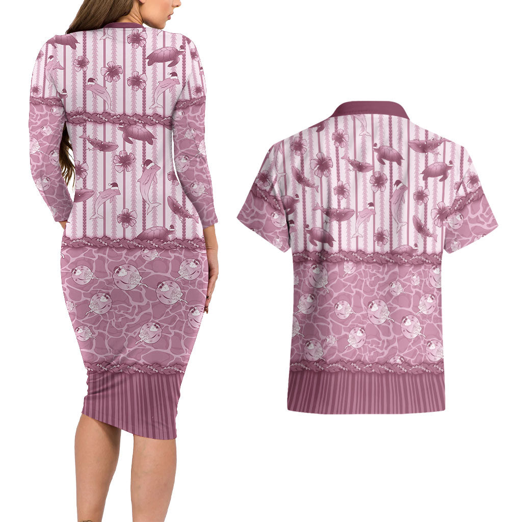 Hawaii Christmas In July Couples Matching Long Sleeve Bodycon Dress and Hawaiian Shirt Dusty Pink Mele Kalikimaka Sea Animals DT05 - Polynesian Pride