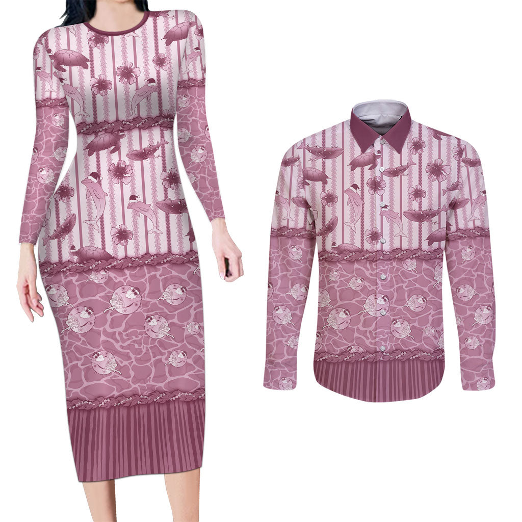 Hawaii Christmas In July Couples Matching Long Sleeve Bodycon Dress and Long Sleeve Button Shirt Dusty Pink Mele Kalikimaka Sea Animals DT05 Pink - Polynesian Pride