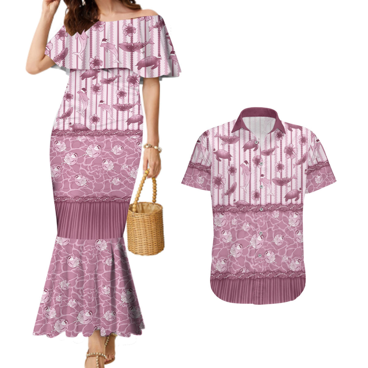 Hawaii Christmas In July Couples Matching Mermaid Dress and Hawaiian Shirt Dusty Pink Mele Kalikimaka Sea Animals DT05 Pink - Polynesian Pride