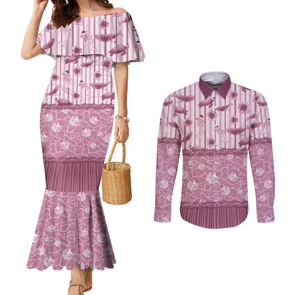 Hawaii Christmas In July Couples Matching Mermaid Dress and Long Sleeve Button Shirt Dusty Pink Mele Kalikimaka Sea Animals DT05 Pink - Polynesian Pride