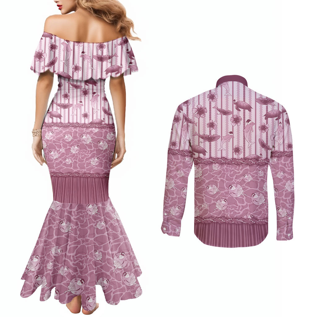 Hawaii Christmas In July Couples Matching Mermaid Dress and Long Sleeve Button Shirt Dusty Pink Mele Kalikimaka Sea Animals DT05 - Polynesian Pride
