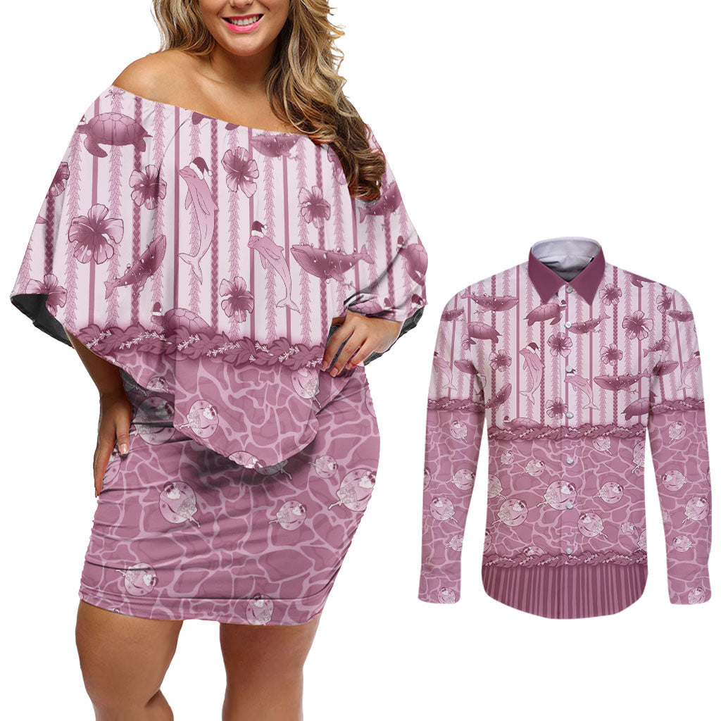 Hawaii Christmas In July Couples Matching Off Shoulder Short Dress and Long Sleeve Button Shirt Dusty Pink Mele Kalikimaka Sea Animals DT05 Pink - Polynesian Pride