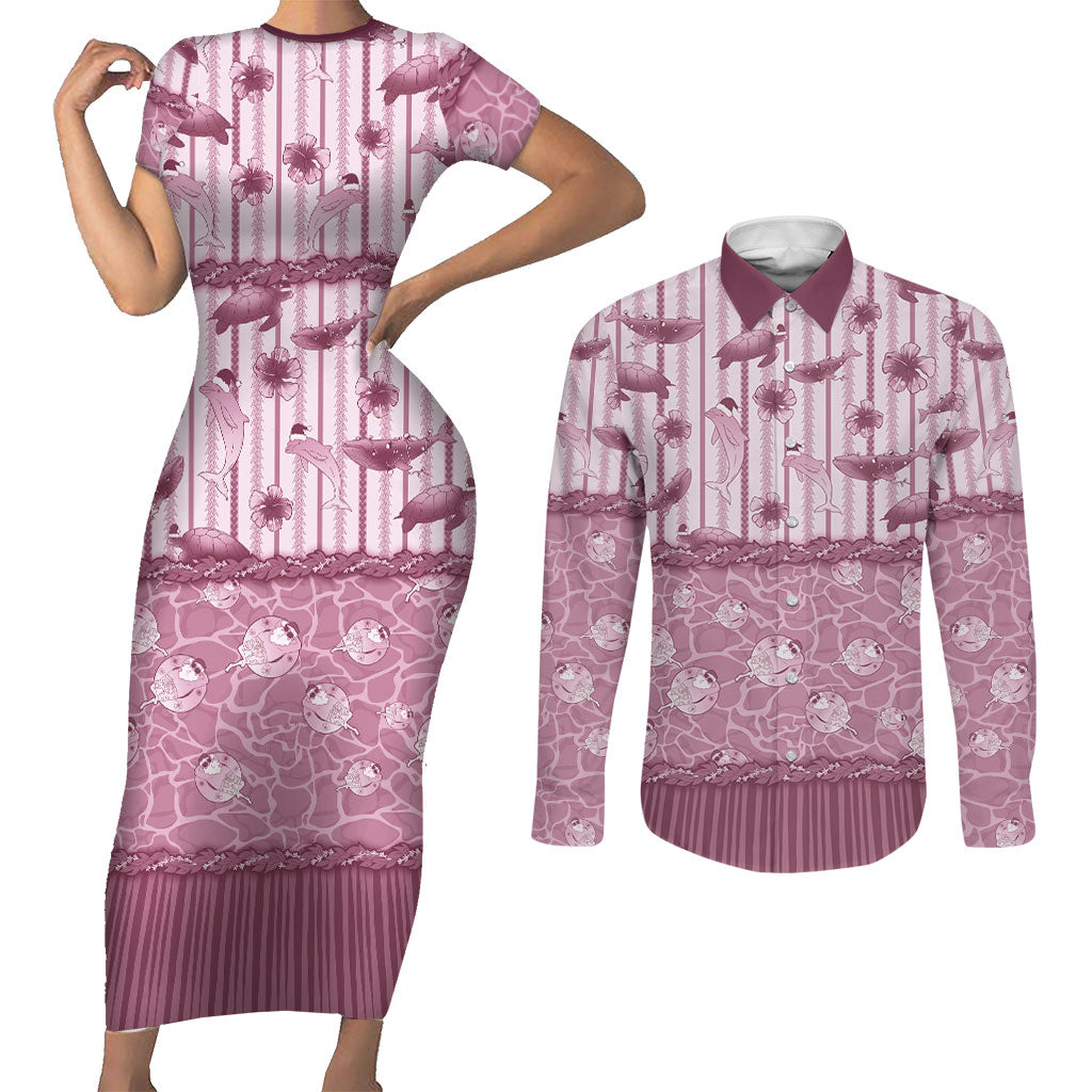 Hawaii Christmas In July Couples Matching Short Sleeve Bodycon Dress and Long Sleeve Button Shirt Dusty Pink Mele Kalikimaka Sea Animals DT05 Pink - Polynesian Pride