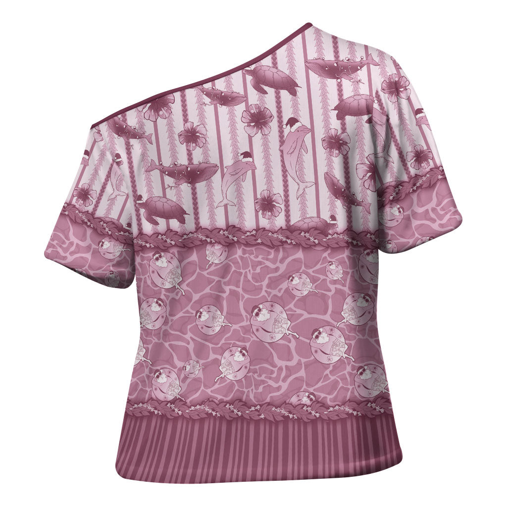 Hawaii Christmas In July Cross Shoulder Shirt Dusty Pink Mele Kalikimaka Sea Animals