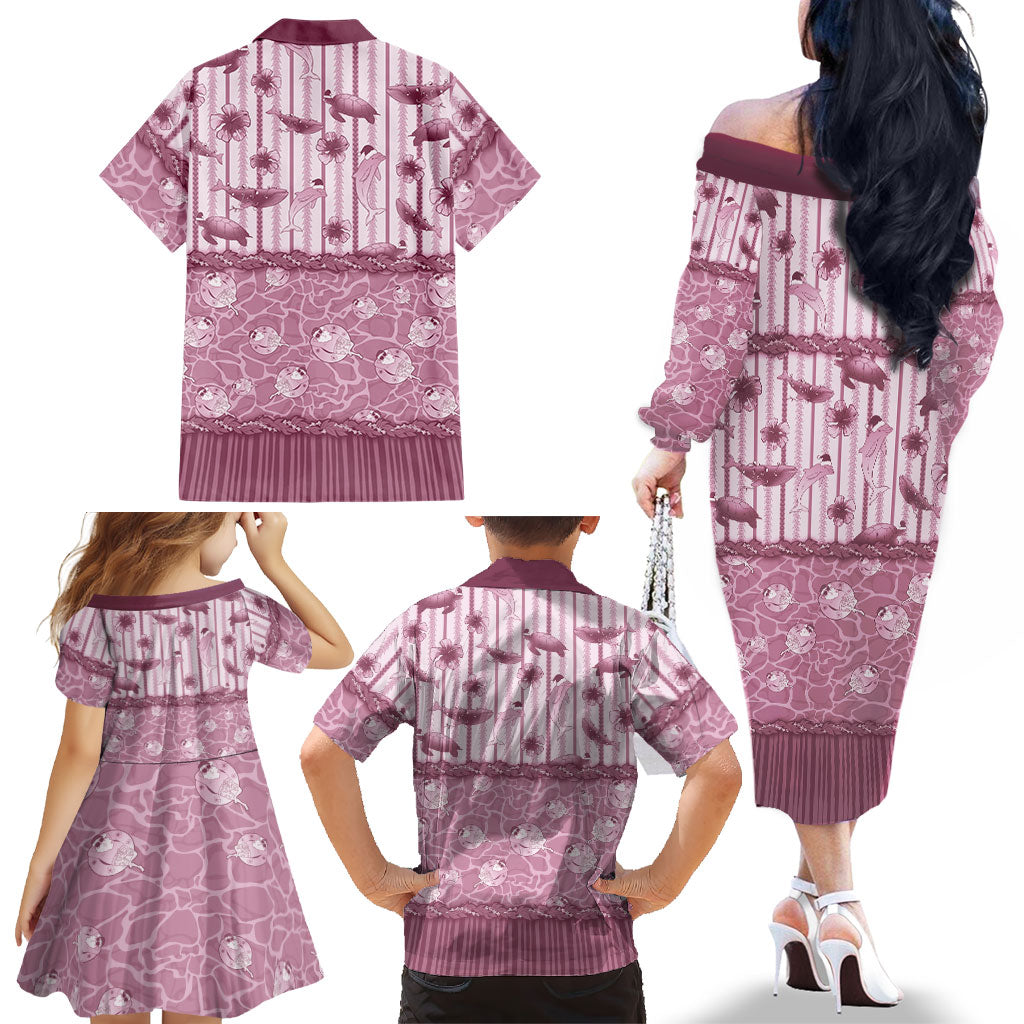 Hawaii Christmas In July Family Matching Off The Shoulder Long Sleeve Dress and Hawaiian Shirt Dusty Pink Mele Kalikimaka Sea Animals DT05 - Polynesian Pride