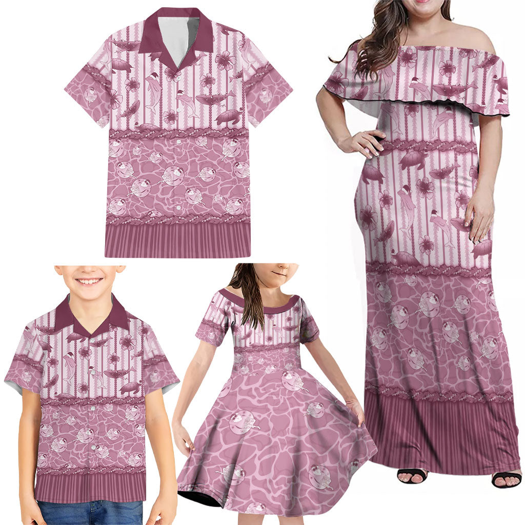 Hawaii Christmas In July Family Matching Off Shoulder Maxi Dress and Hawaiian Shirt Dusty Pink Mele Kalikimaka Sea Animals DT05 - Polynesian Pride