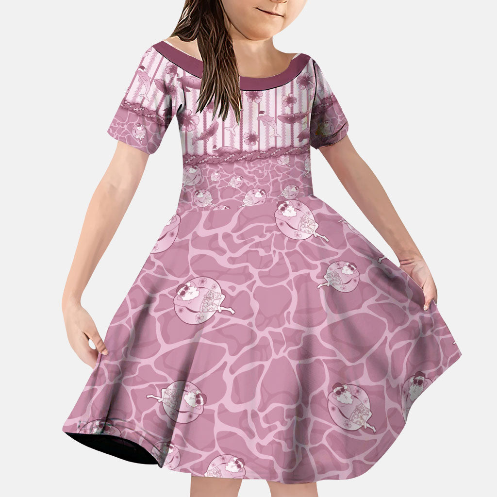 Hawaii Christmas In July Family Matching Off Shoulder Short Dress and Hawaiian Shirt Dusty Pink Mele Kalikimaka Sea Animals DT05 Daughter's Dress Pink - Polynesian Pride