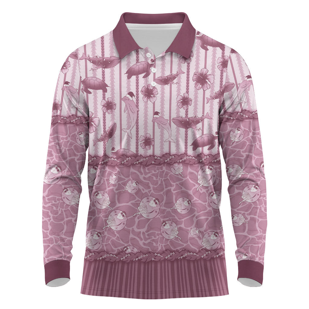 Hawaii Christmas In July Long Sleeve Polo Shirt Dusty Pink Mele Kalikimaka Sea Animals