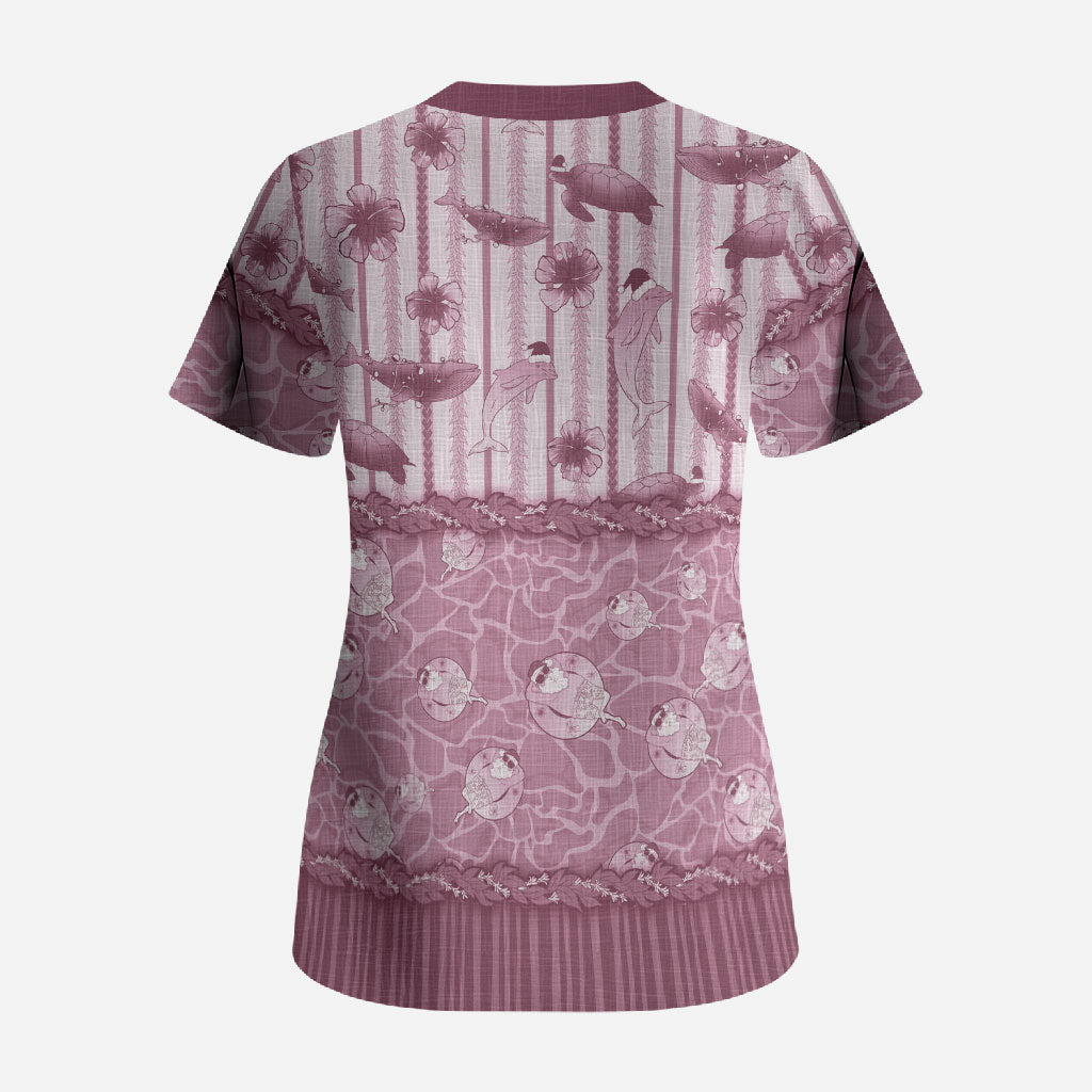 Hawaii Christmas In July Scrub Top Dusty Pink Mele Kalikimaka Sea Animals
