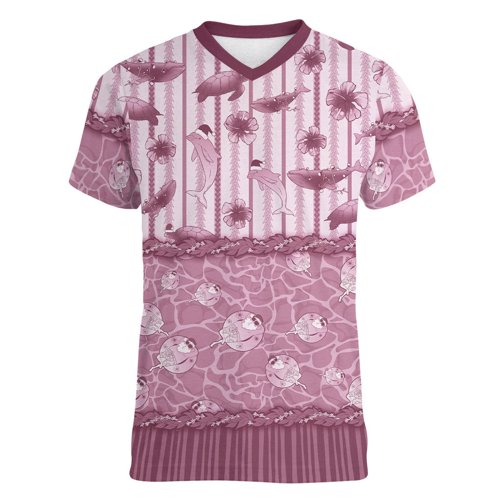 Hawaii Christmas In July Women V-Neck T-Shirt Dusty Pink Mele Kalikimaka Sea Animals