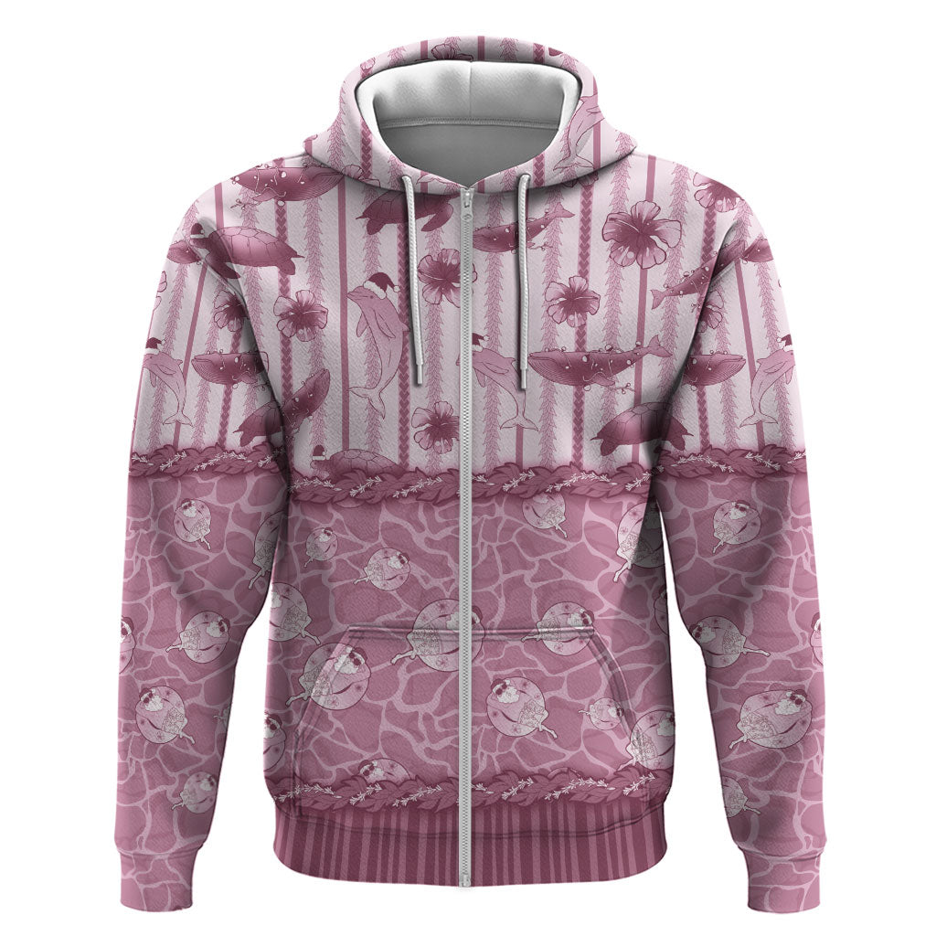 Hawaii Christmas In July Zip Hoodie Dusty Pink Mele Kalikimaka Sea Animals