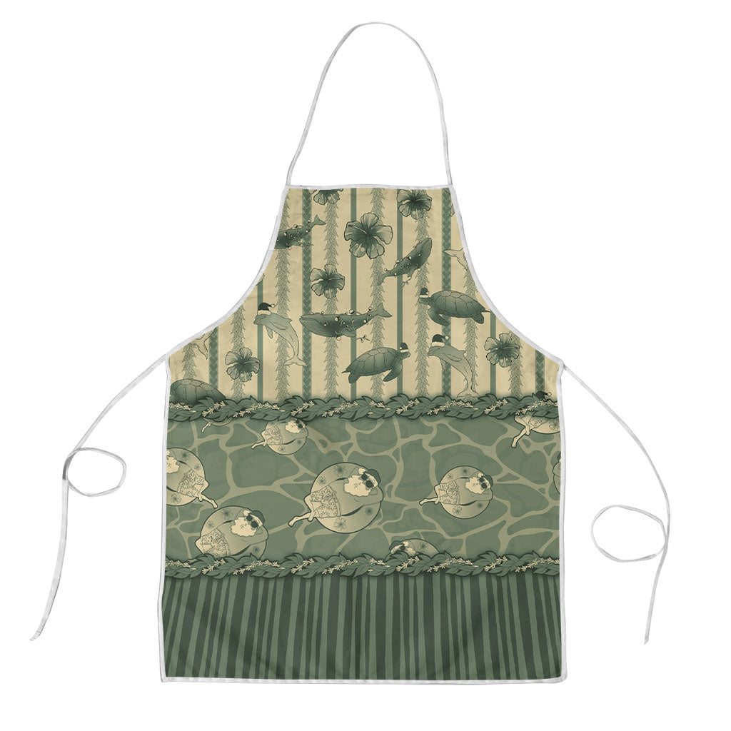 Hawaii Christmas In July Apron Olive Green Mele Kalikimaka Sea Animals