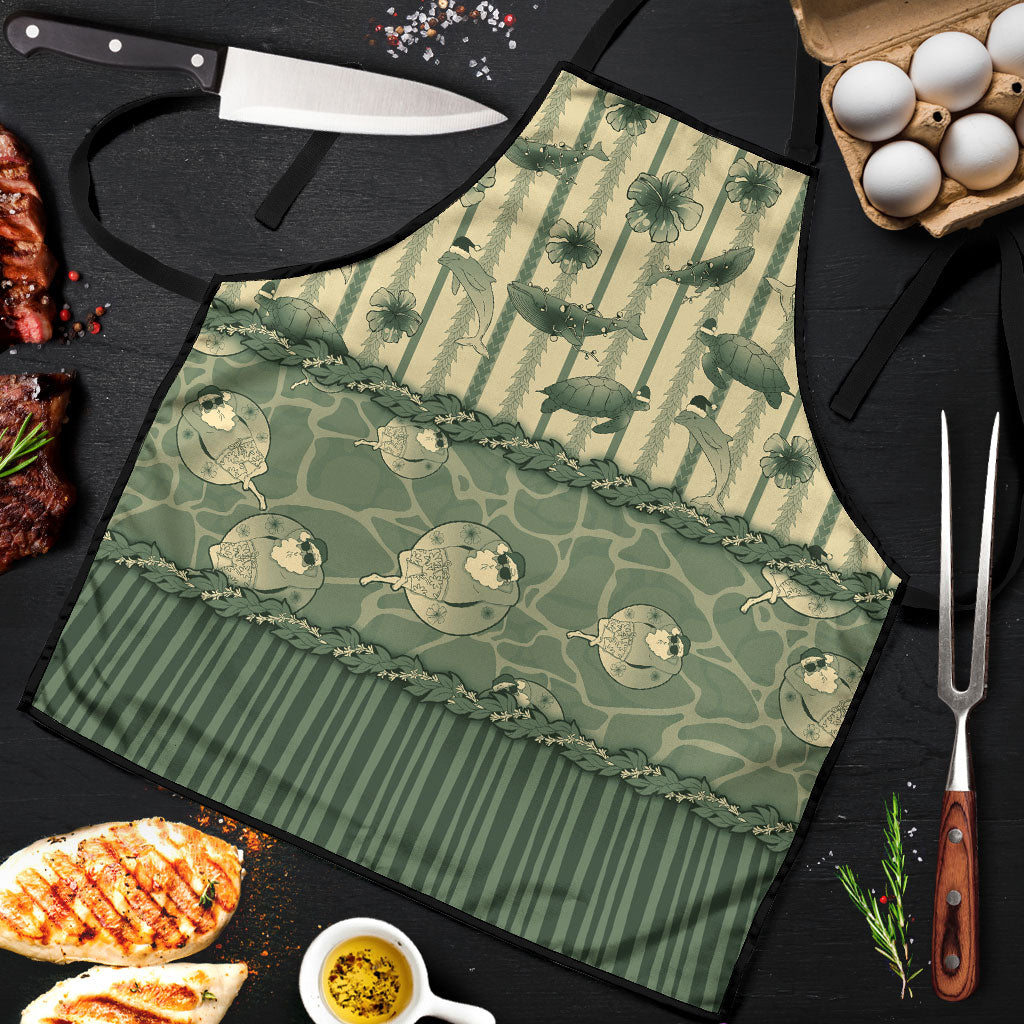 Hawaii Christmas In July Apron Olive Green Mele Kalikimaka Sea Animals DT05 Green - Polynesian Pride