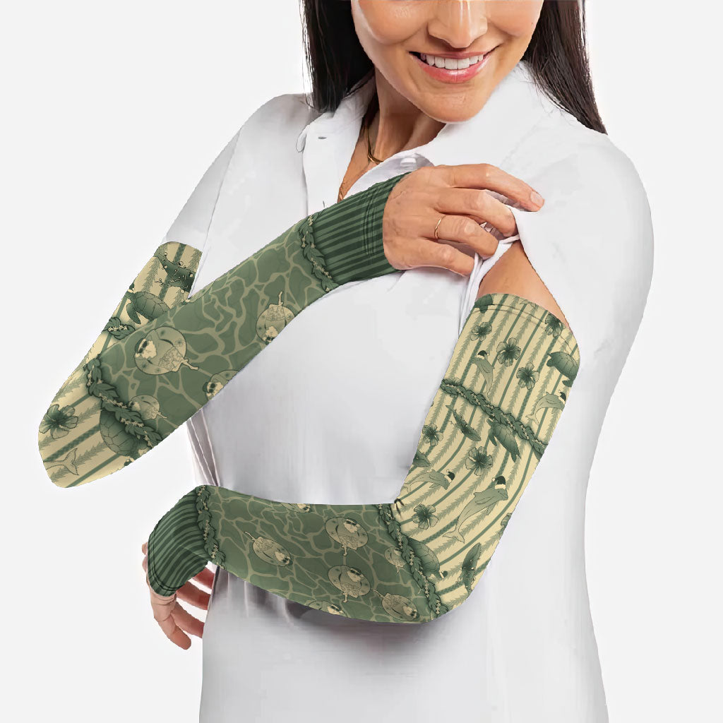 Hawaii Christmas In July Arm Sleeves Olive Green Mele Kalikimaka Sea Animals