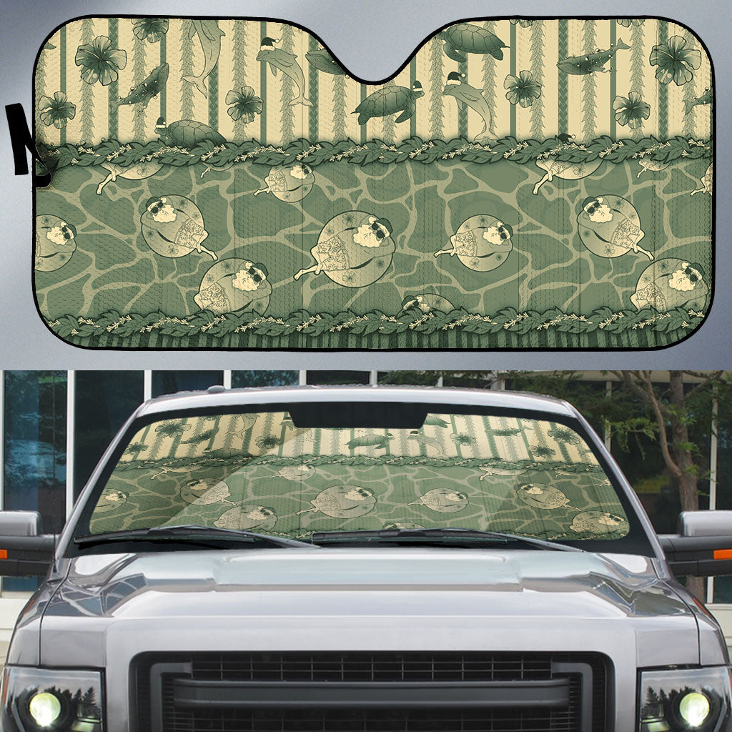 Hawaii Christmas In July Auto Sun Shade Olive Green Mele Kalikimaka Sea Animals DT05 Green - Polynesian Pride