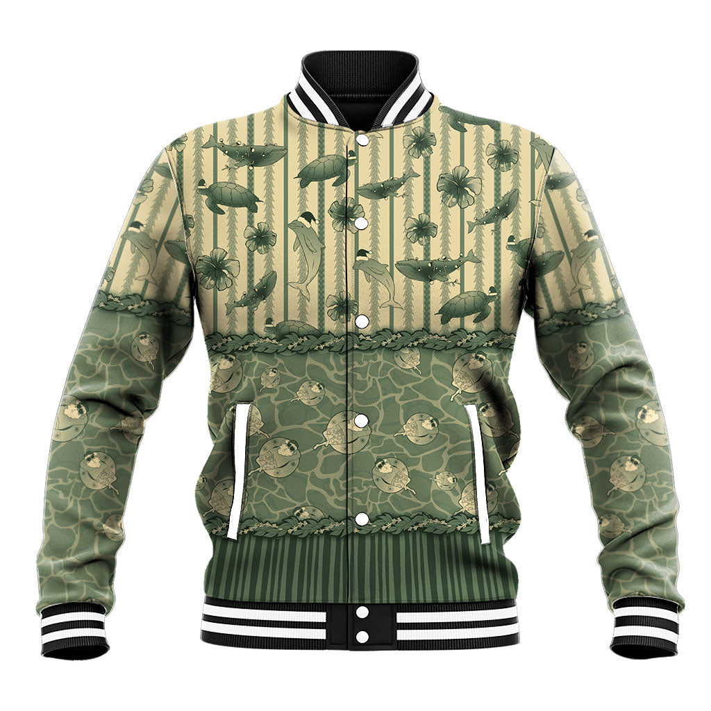 Hawaii Christmas In July Baseball Jacket Olive Green Mele Kalikimaka Sea Animals DT05 Unisex Green - Polynesian Pride