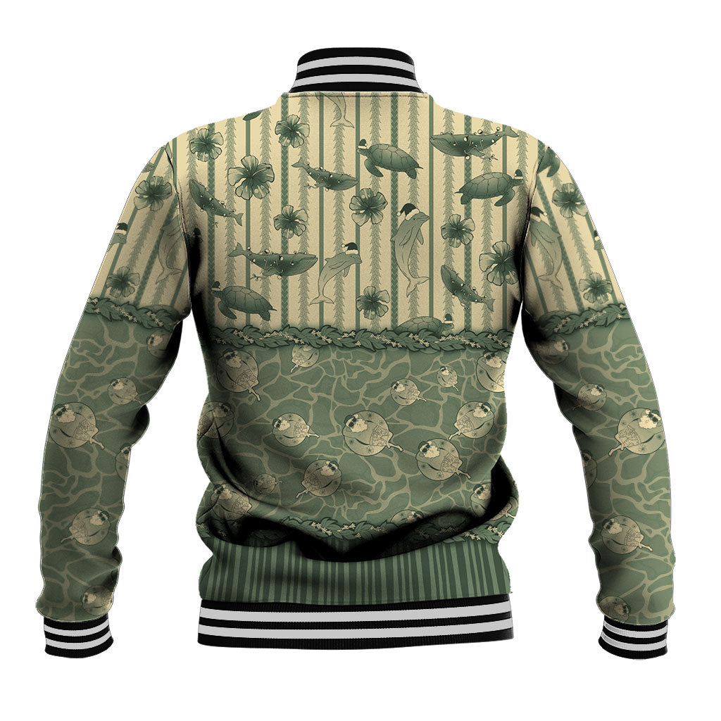 Hawaii Christmas In July Baseball Jacket Olive Green Mele Kalikimaka Sea Animals DT05 - Polynesian Pride