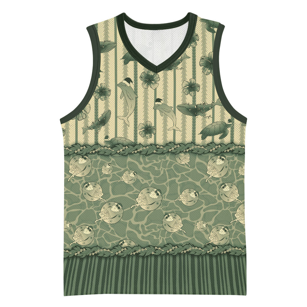 Hawaii Christmas In July Basketball Jersey Olive Green Mele Kalikimaka Sea Animals
