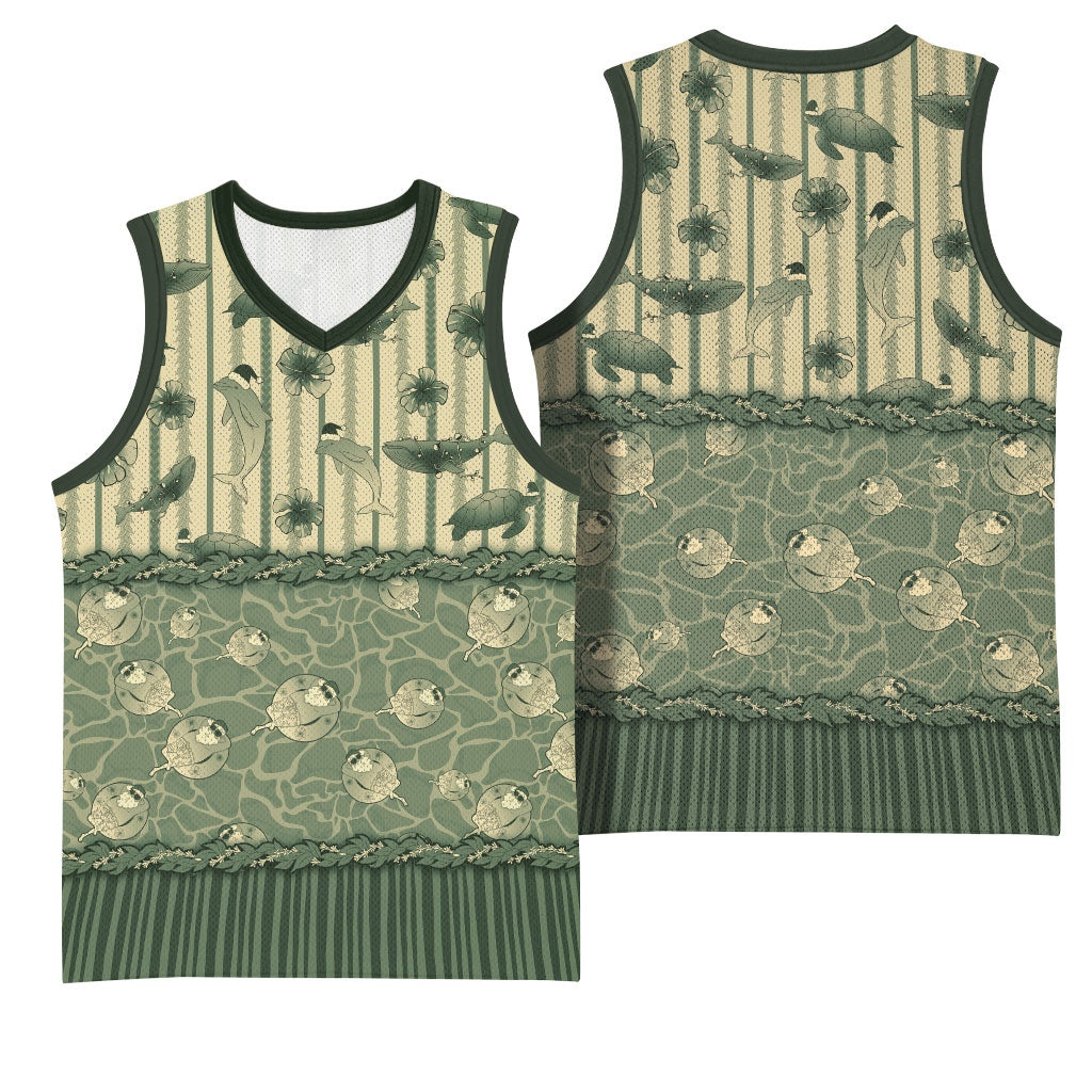 Hawaii Christmas In July Basketball Jersey Olive Green Mele Kalikimaka Sea Animals