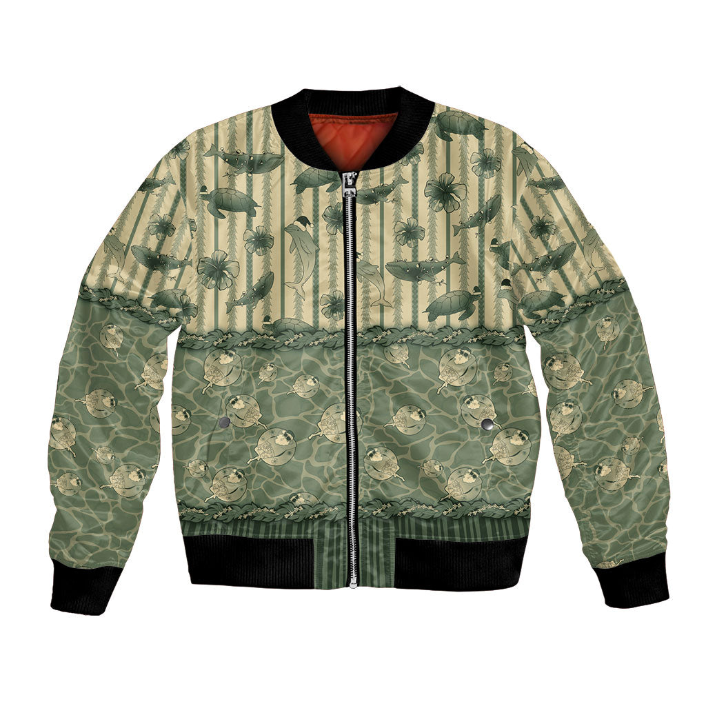 Hawaii Christmas In July Bomber Jacket Olive Green Mele Kalikimaka Sea Animals DT05 Unisex Green - Polynesian Pride